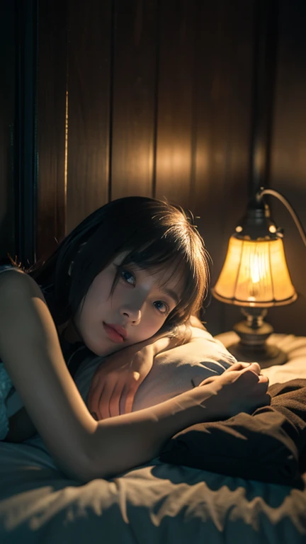 (((10 year old girl))), (((in dark cabin at night))), (((tired girl lying on bed))), (((full body))), Japanese, cute, dark hair, bobbed hair, (((faint lamp lighting))), straight face, no smile, uneasy expression, trainers and super mini skirt, sneakers, horror movie scene, horror drama, creepy man shadow, hi-res, detailed drawing, award winning, highest resolution, realistic, raw photo, 8K wallpaper