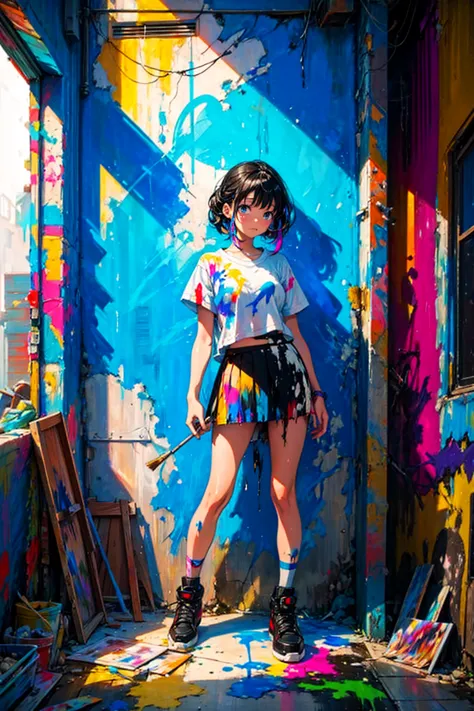 1girl,solo,cool,shirt and mini skirt,she has a brush,she is painting the wall,big paint,paint the whole wall,colorful,dynamic,in...