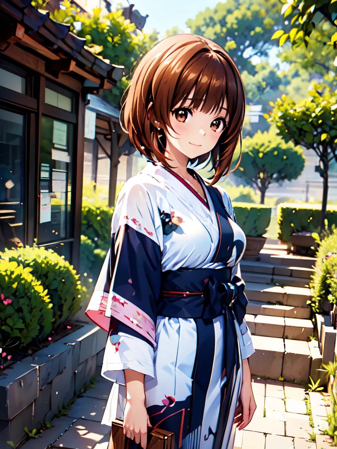 Highest quality、(Anime illustration style:1.3),High resolution、whole body、Standing、garden、One Girl、West Spring　Miho,short hair、 Brown Hair、Beautiful and attractive red eyes、smile、Very detailedな顔、Closed Mouth、Pink kimono、yukata、1 girl、Beautiful Eyes, Sharp pupils, Realisticな学生, Depth of written border, Bokeh, Sharp focus, (Very detailed, bloom, Shine:1.5)、(Genuine、Realistic、Realistic)、High resolution、超High resolution、Ultra-fine painting、Cowboy Shot