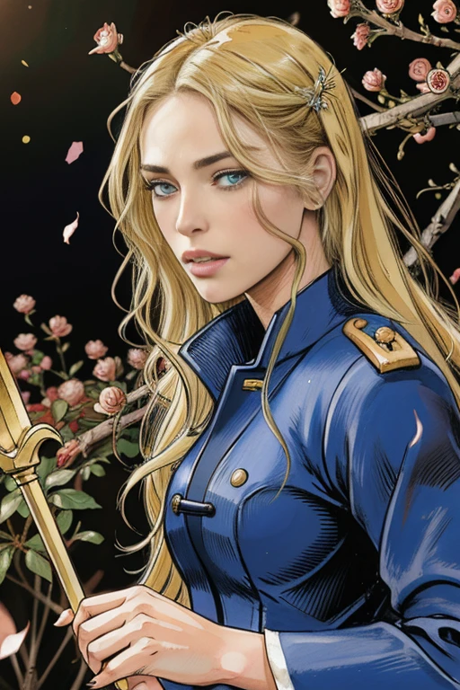 A girl in a garden, beautiful detailed eyes, beautiful detailed lips, extremely detailed eyes and face, long eyelashes, beautiful woman with long blonde hair, blue eyes, long blonde hair blowing in the wind, muscular slender body, flexible body, blue military uniform from the French Revolutionary era, holding a rapier, captivating, sensual, inspired by Le Chevalier, Pixiv, Confetti, flower confetti, Sengoku period art style, high resolution details, lustrous hair details, moisturized skin details, beautiful face details, detailed outfit, rapier details, land of roses, Shigenori Soejima illustration