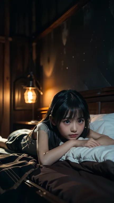 (((full body))), (((10 year old girl))), (((in dark cabin at night))), (((tired girl lying on bed))), japanese, cute, dark hair,...