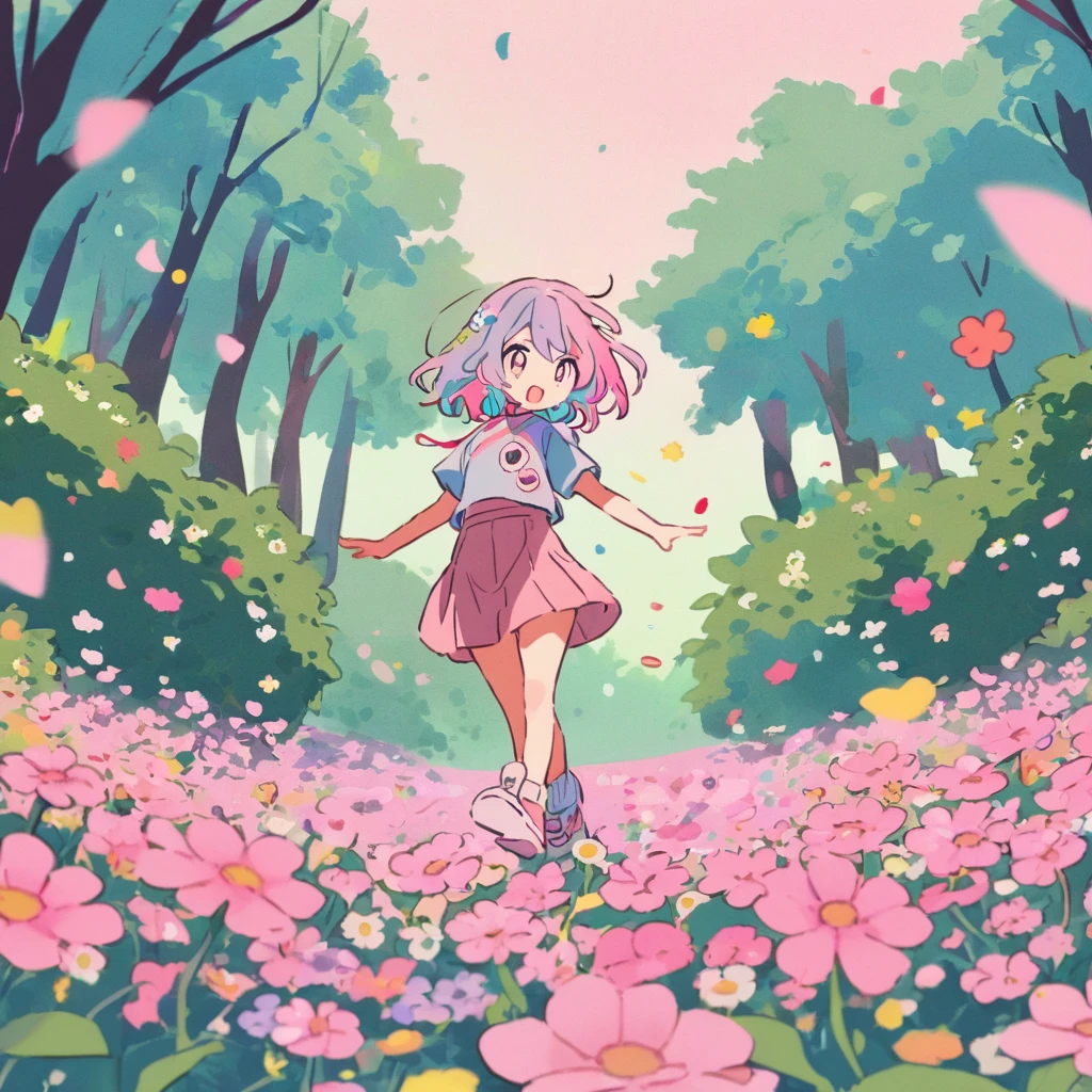  with colorful hair playing in a flowery forest, pastel colors, manga