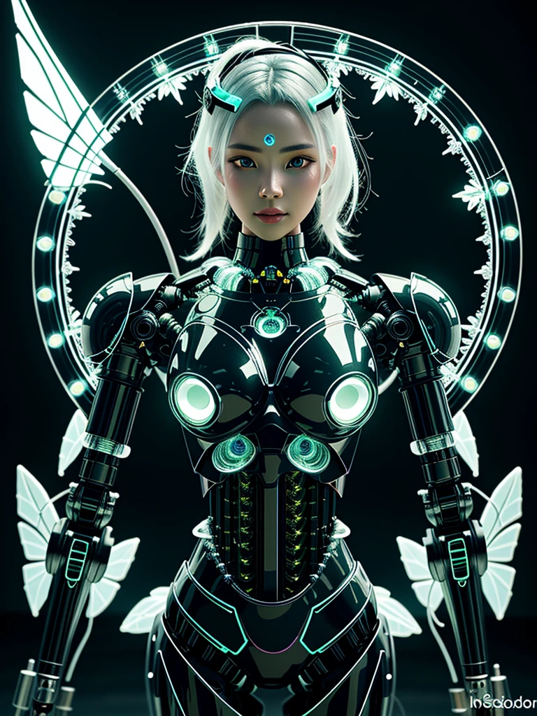 Noser Robot, complex 3d render very detailed of a beautiful death angel, Biomechanical glass-skinned cyborg, analog, 150 mm lens, Beautiful bioluminescence, large leaves and stems, root, high quality leaf lace, colorful details, samurai, Boris Bidjan Saberi&#39;s outfit, pearl earrings, drill, Salvador Dali embroidery fashion, complicated details, wire mesh, Fractal Mandelbrot, Anatomy, facial muscles, wire, Microchip, You bastard!, Too realistic, very detailed, Octane rendering,  Volumetric light, Post production 8K, Red, white and a little black, detailled metalic bones, semi human, rainbow colors, Neon Cloud. Salvador Dali style, White room, power of god, Take photos from a high angle, complex body postures