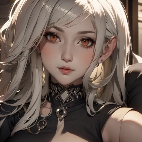 stone grey skin color, platinum blonde hair in short middle part, red glowing eyes, vampire teeth, scars, black outfit, white st...