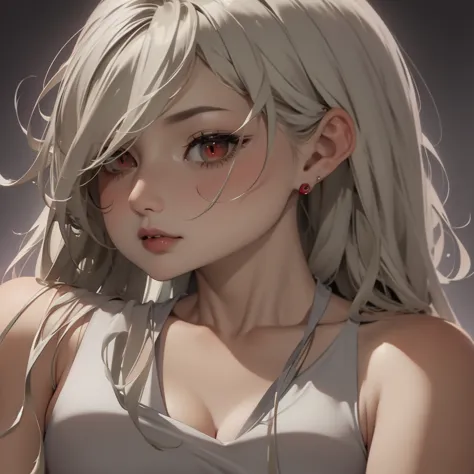 stone grey skin color, platinum blonde hair in short middle part, red glowing eyes, vampire teeth, scars, black outfit, white st...