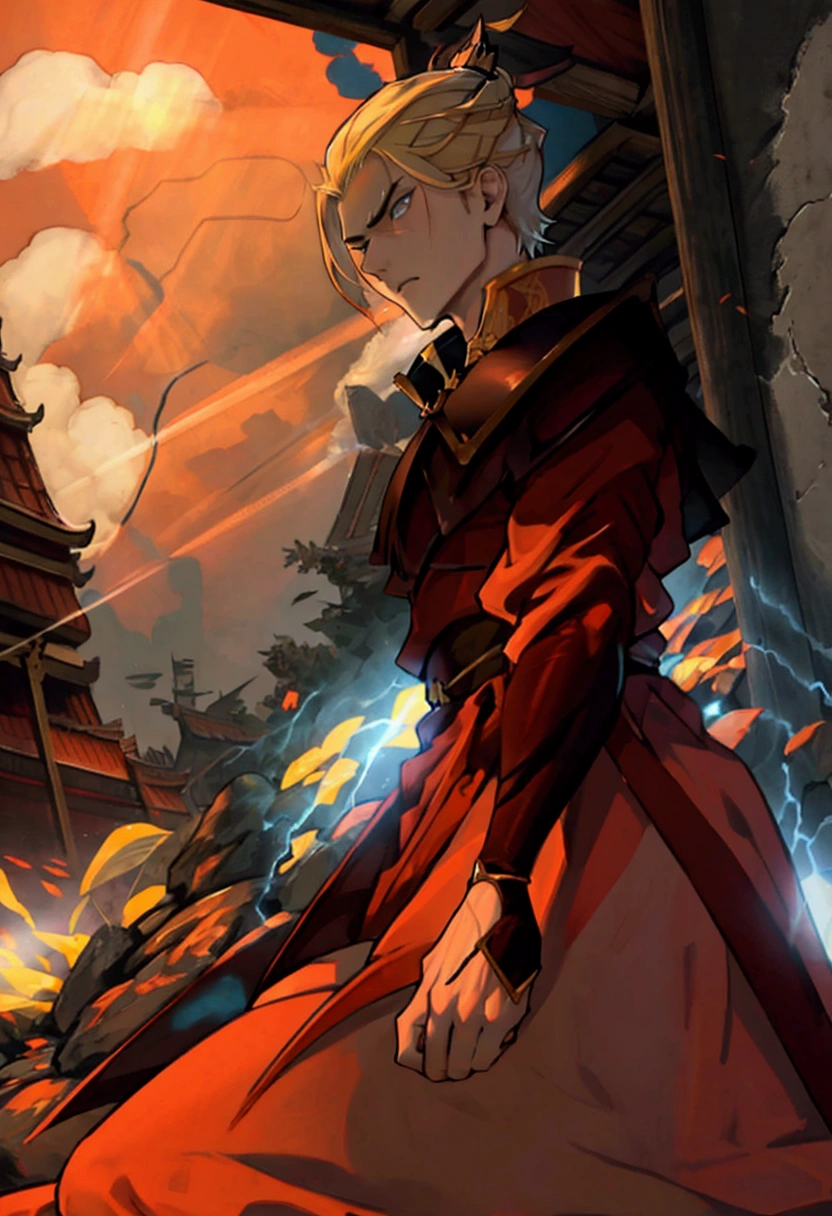 1 young man, blond, blue eyes, samurai haircut, 15 years old, alone, looking at the author, his body is surrounded by rays, crimson rays, red color, sharp look of anger, apathy, better sena, better masculine details, better angle, preparing an attack, conceptual art, {beautiful detailed eyes}, {detailed light}, {illustration}, {better lighting}