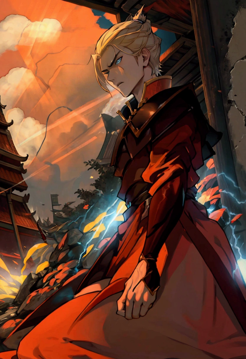 1 young man, blond, blue eyes, samurai haircut, 15 years old, alone, looking at the author, his body is surrounded by rays, crimson rays, red color, sharp look of anger, apathy, better sena, better masculine details, better angle, preparing an attack, conceptual art, {beautiful detailed eyes}, {detailed light}, {illustration}, {better lighting}