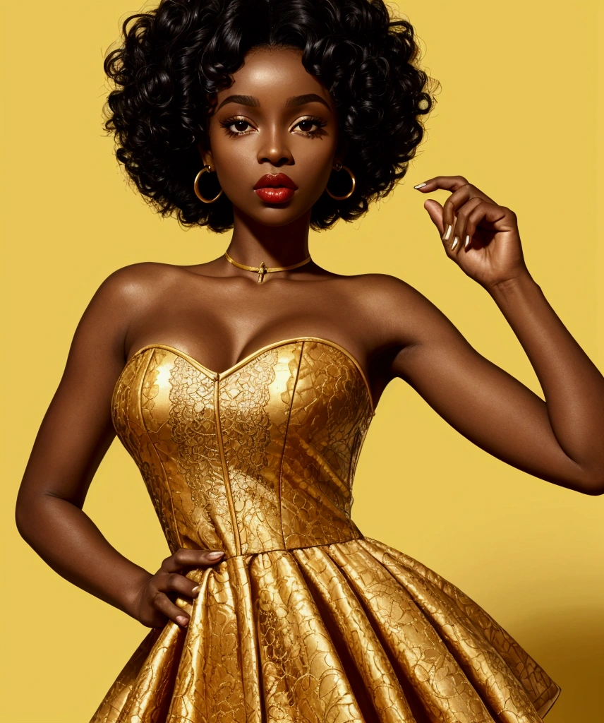  beautifull black woman, sexly (fleshy lips)  beautiful black woman, cor de pele chocolate, wearing a dress ((Very short)) rot, offwhite.  with a yellow background 
