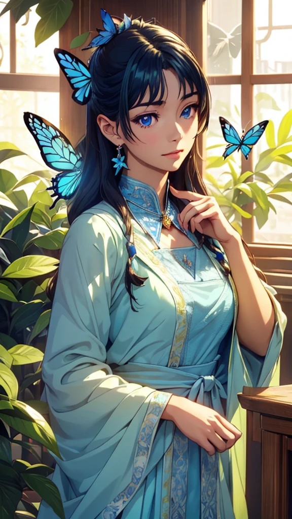 1 Solo Woman, Overview, (One Hand Up) (Gently Extending Index Finger), (Blue Butterfly Landing on Index Finger), (Gorgeous and Elegant Dress), Mature Female, /(Beige Hair/) Bangs, (Slight Smile: 0.8), (Masterpiece of Best Quality: 1.2) Fine Illustration with Super Detail, Breasts BREAK (Blue Butterfly Perched on Index Finger), (Realistic Blue Butterfly: 1.1), (Glowing Wings: 1.1) BREAK (Elegant Greenhouse) Indoors, Plants, (Soft Lighting) Afternoon, Detailed Background,maomao,1girl,blunt bangs,green hair,long hair,blue eyes,solo,HoloDayo XL