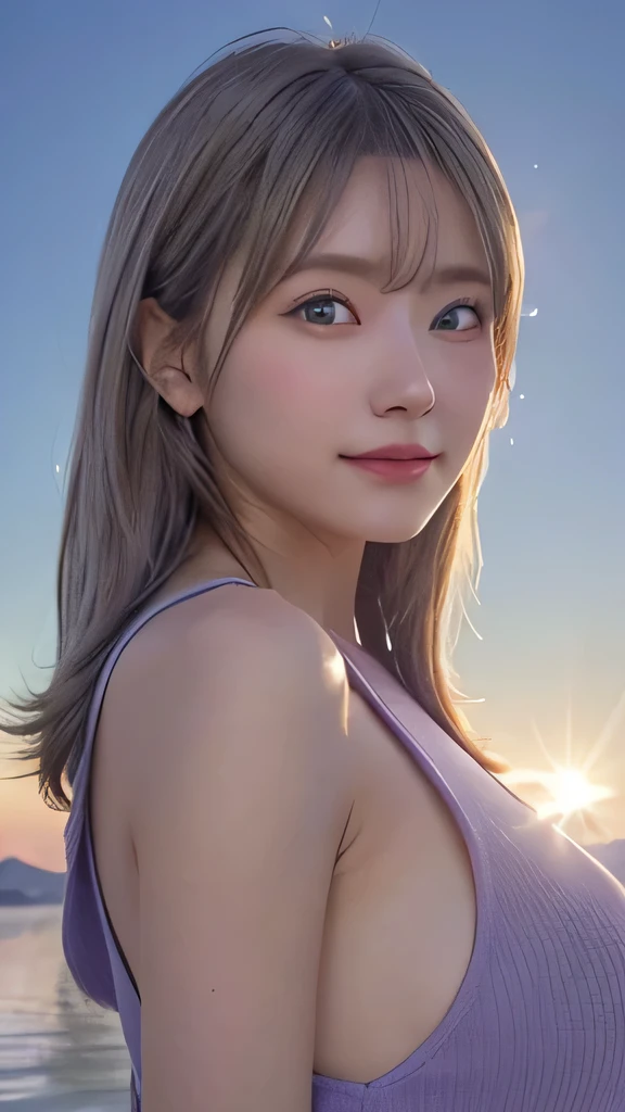 1 girl, masterpiece, Very detailed, (Beautiful and delicate shine), Lens flare, Gray Hair, Medium Long Hair, Floating Hair, think return, return, return, smile, blue eyes, Big Breasts, Upper Body, Wide Shot , ((Uyuni salt lake)), sunrise, cloud, returnlight, Purple Sky, Yellow Sky, Gradient Sky,Huge breasts,Looking at the audience