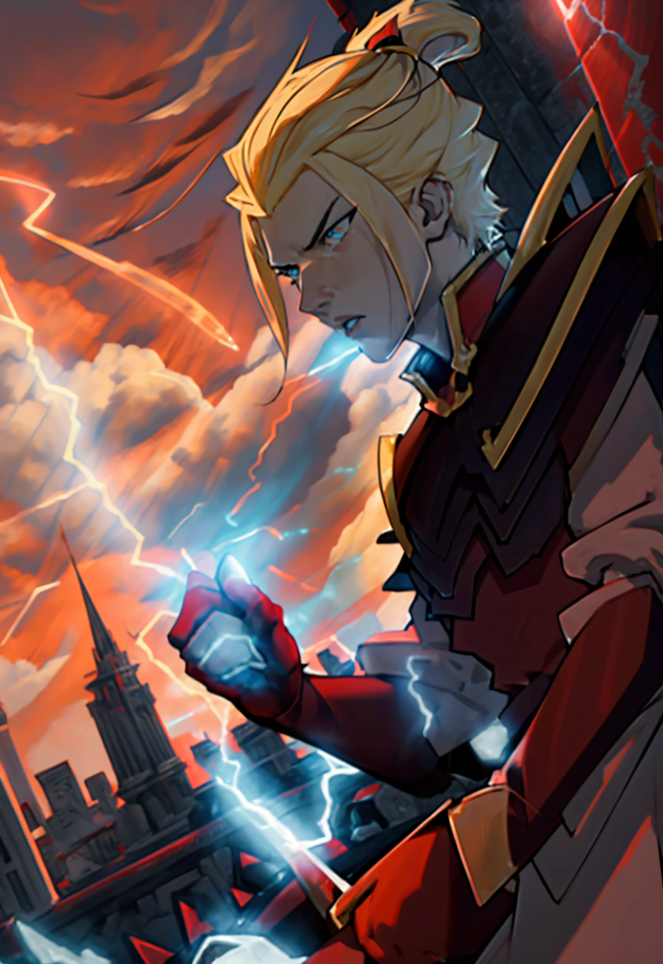 1 young man, blond, blue eyes, alone, looking at the author, his body is surrounded by rays, crimson rays, red color, sharp look of anger, apathy, better sena, better masculine details, better angle, preparing an attack, conceptual art, {beautiful detailed eyes}, {detailed light}, {illustration}, {better lighting}