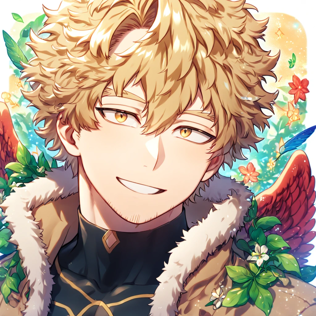 Ultra detailed, HDR, Highres, absurdres, master piece, Hawks, ash blonde hair, expressive golden-brown eyes, faint stubble, red wings, brown coat with fur, black tight shirt, Boku No Hero Academia, sexy man, handsome, flowers, feathers, fantasy, magical, green leaves, summer, handsome, sensual, best quality, glittering, solo, handsome smile, close up,