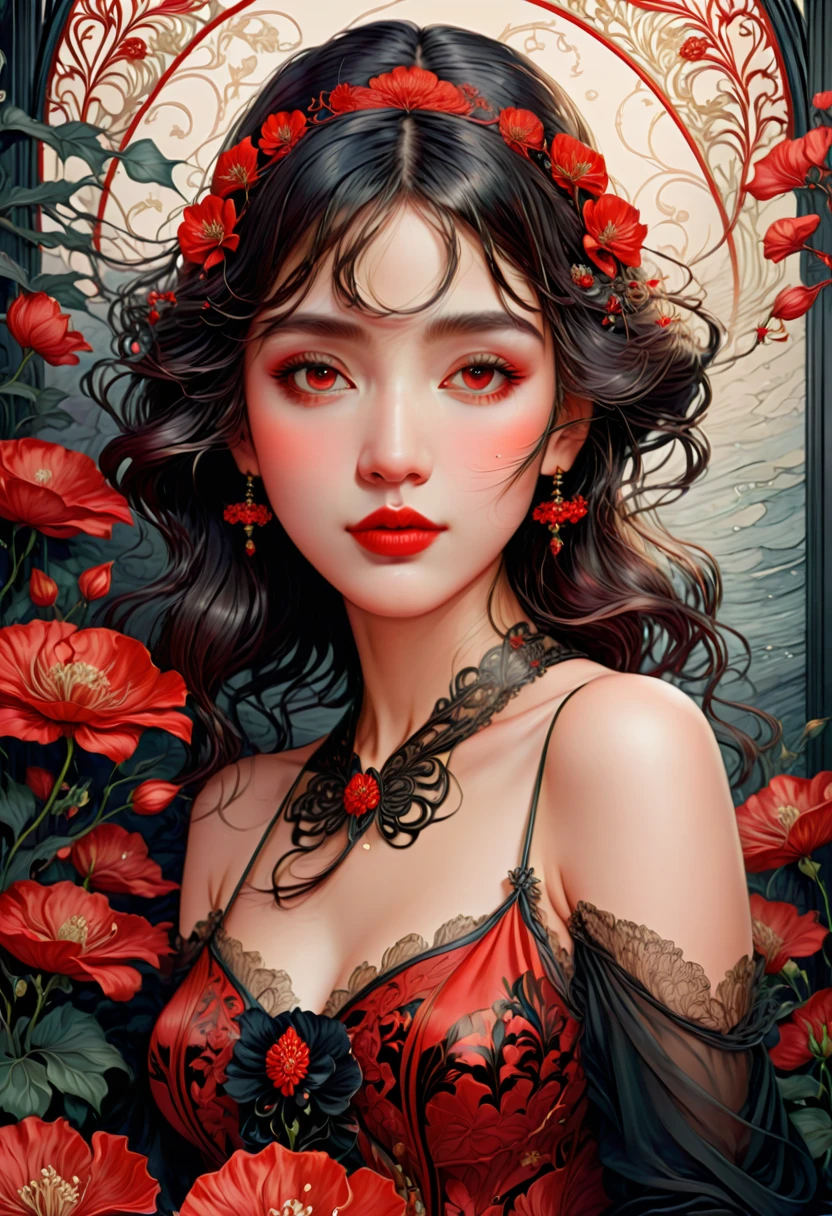 (masterpiece, best quality:1.2), 1 girl, alone,beautiful face，Red Reminimalist Art Nouveau，illustration style，black and red，flowers
