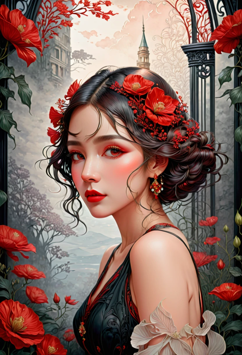 (masterpiece, best quality:1.2), 1 girl, alone,beautiful face，Red Reminimalist Art Nouveau，illustration style，black and red，flowers
