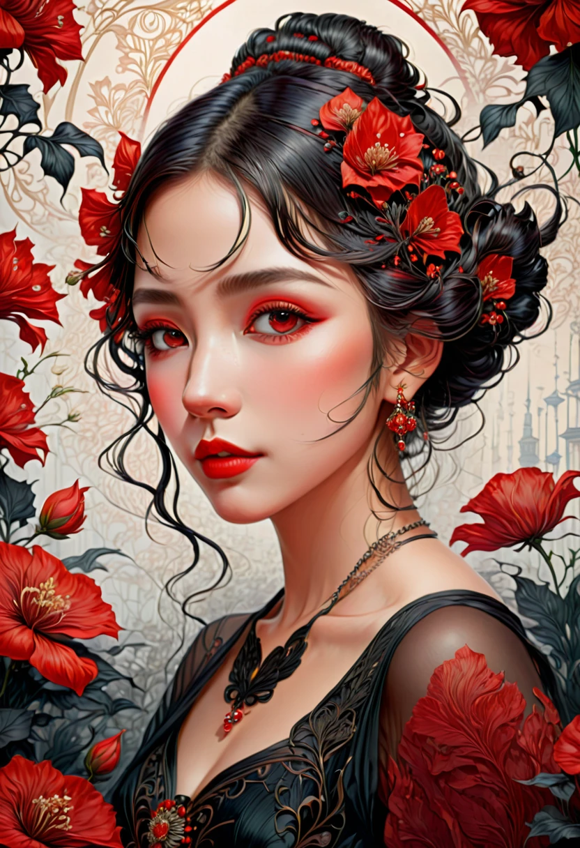 (masterpiece, best quality:1.2), 1 girl, alone,beautiful face，Red Reminimalist Art Nouveau，illustration style，black and red，flowers
