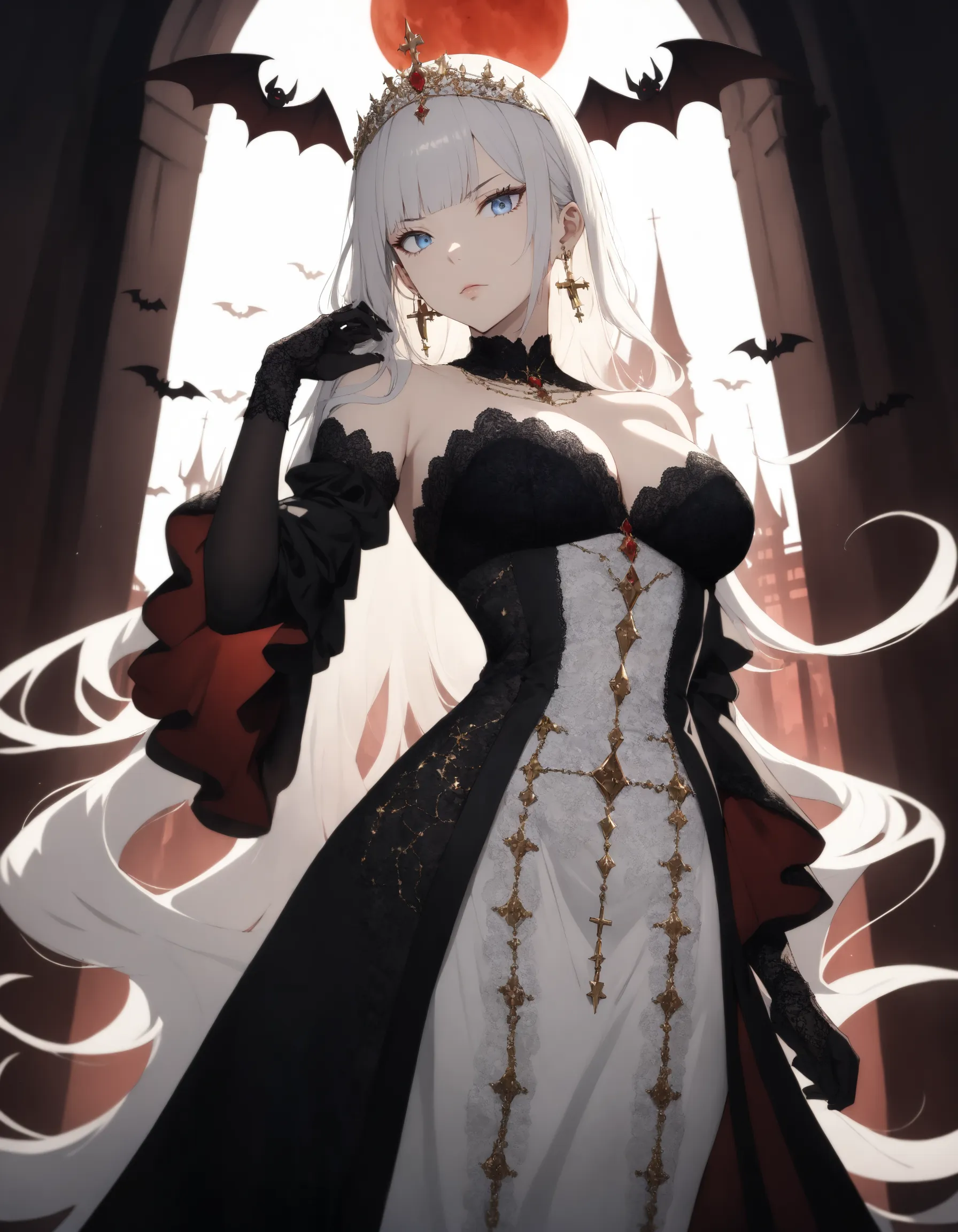 1girl, beautiful vampire queen, sapphire blue eyes, alabaster white hair, extremely long hair, wavy hair, black and white extrav...