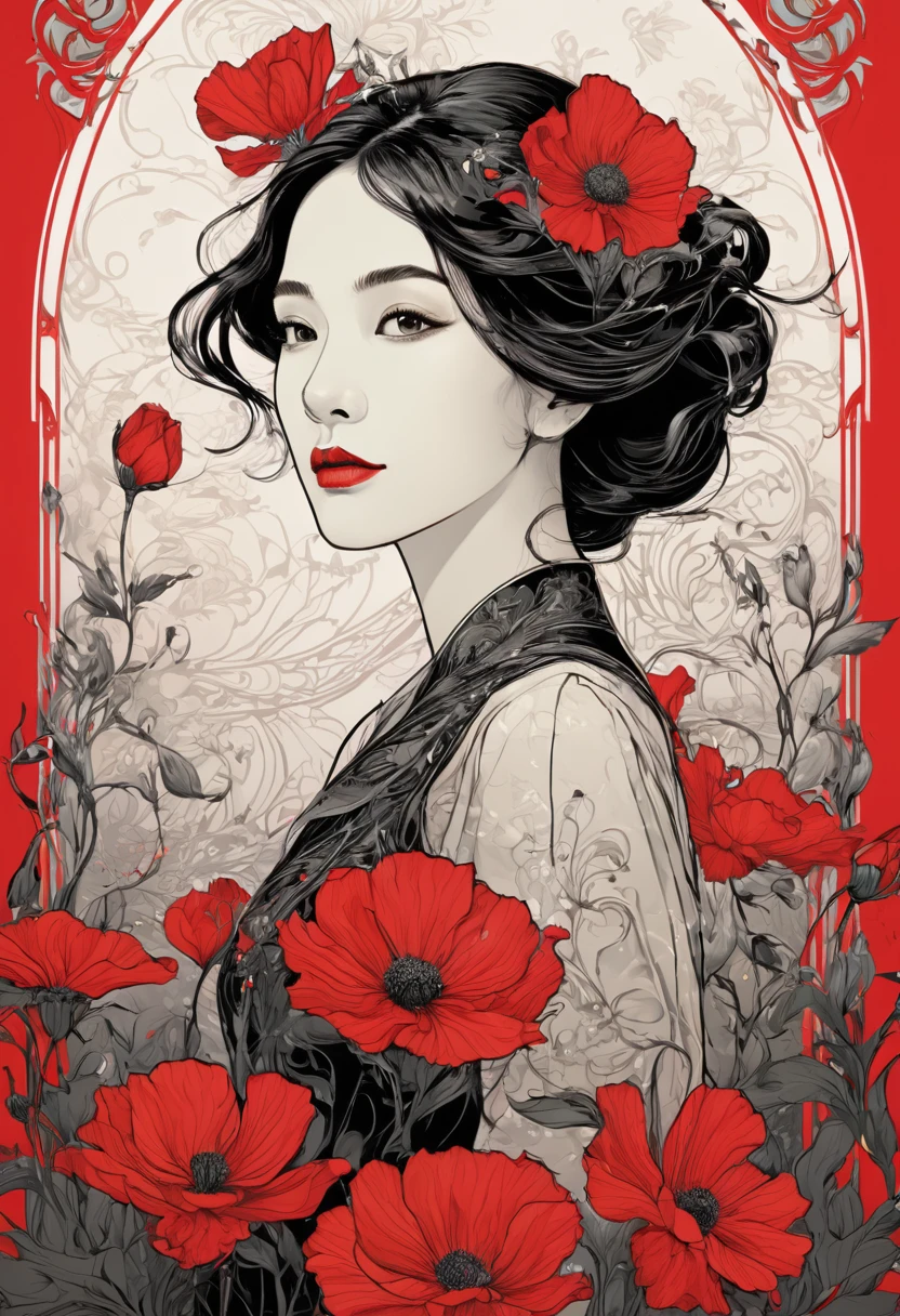 (masterpiece, best quality:1.2), 1 girl, alone,beautiful face，Red Reminimalist Art Nouveau，illustration style，black and red，flowers