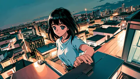 night view like a photo　from the rooftop　young girl　black hair