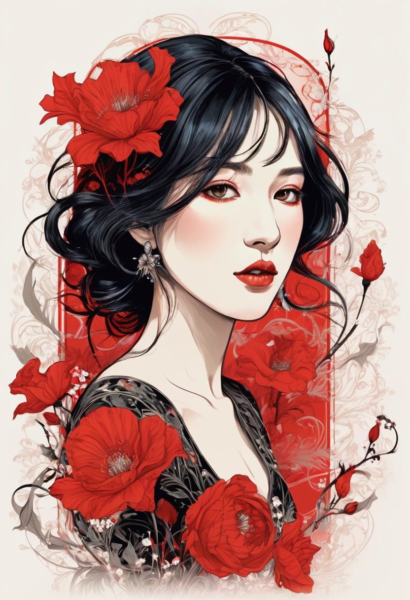 (masterpiece, best quality:1.2), 1 girl, alone,beautiful face，Red Reminimalist Art Nouveau，illustration style，black and red，flowers