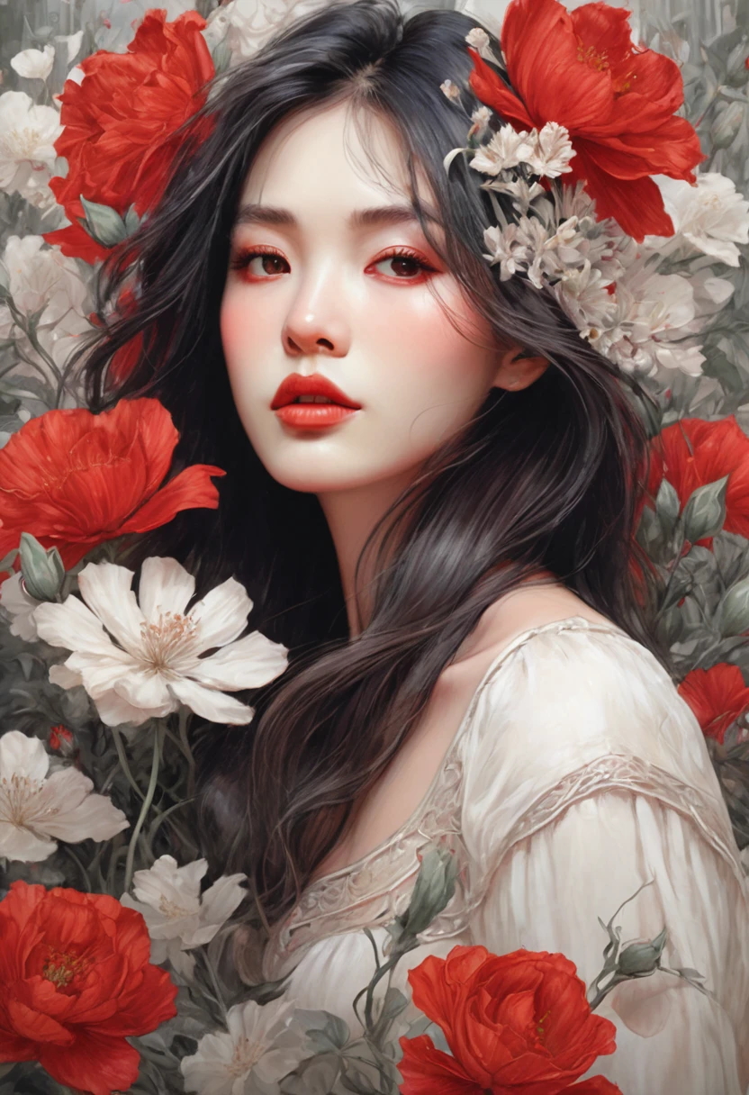 (masterpiece, best quality:1.2), 1 girl, alone,beautiful face，Red Reminimalist Art Nouveau，illustration style，black and red，flowers