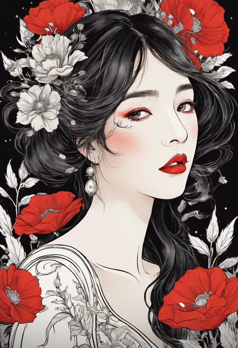 (masterpiece, best quality:1.2), 1 girl, alone,beautiful face，Red Reminimalist Art Nouveau，illustration style，black and red，flowers