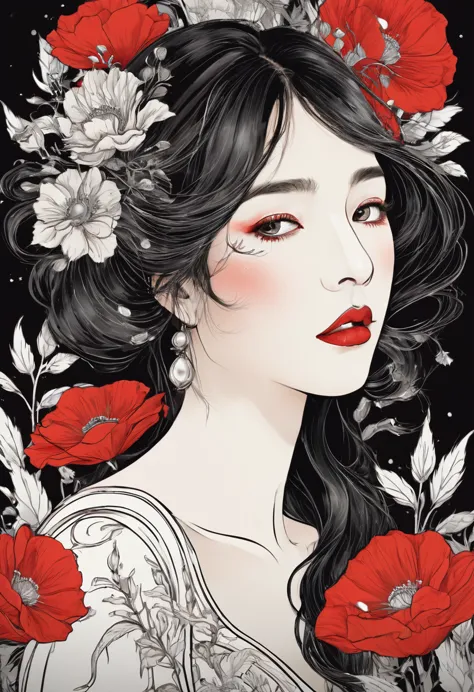 (masterpiece, best quality:1.2), 1 girl, alone,beautiful face，Red Reminimalist Art Nouveau，illustration style，black and red，flow...