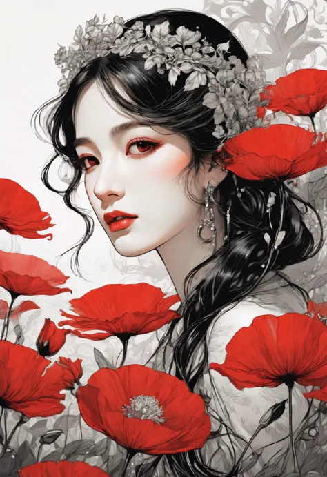 (masterpiece, best quality:1.2), 1 girl, alone,beautiful face，Red Reminimalist Art Nouveau，illustration style，black and red，flow...