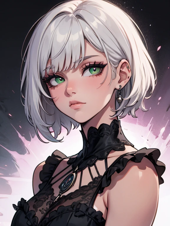 score_9, score_8_up, score_7_up, Goth girl, goth girl 1girl, 1girl,solo,looking at viewer,short hair,bangs,simple background,bare shoulders,jewelry, ,closed mouth,green eyes,white hair,grey hair,medium hair,necklace,collar,scar,black background,portrait,,scar on face,scar across eye,covered collarbone,  