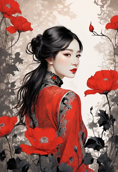 (masterpiece, best quality:1.2), 1 girl, alone,beautiful face，Red Reminimalist Art Nouveau，illustration style，black and red，flow...