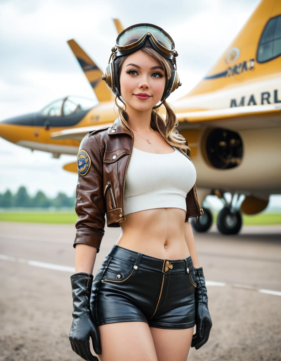 score_9, score_8_top, score_7_top, score_6_top, score_5_top, score_4_top, A stunning steampunk world、Female Fighter Pilot、Fancy crop top、Flight jacket、Leather shorts、Helmet、goggles、Wear gloves、Standing in front of the runway with a propeller fighter jet in the background