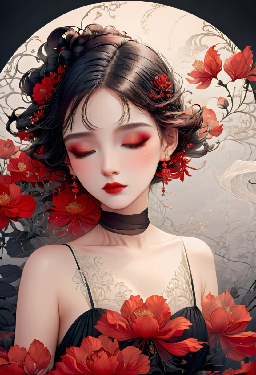 (masterpiece, best quality:1.2), 1 girl, alone,beautiful face，Red Reminimalist Art Nouveau，illustration style，black and red，flowers