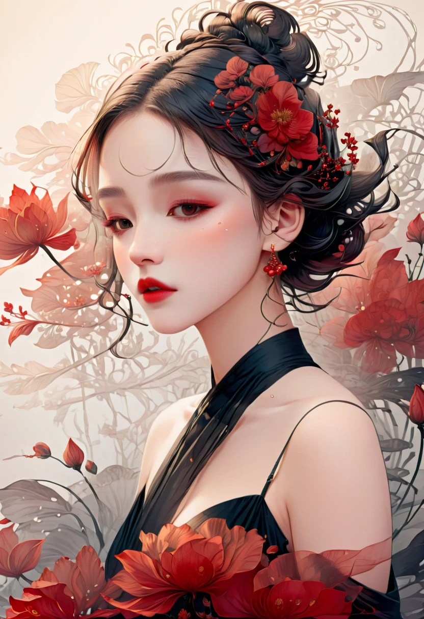 (masterpiece, best quality:1.2), 1 girl, alone,beautiful face，Red Reminimalist Art Nouveau，illustration style，black and red，flowers