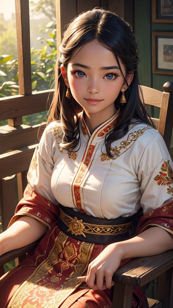 (1girl), 18 year old, sun-kissed skin, vibrant traditional ethnic costume with intricate embroidery, sitting on old wooden chair, embroidering, smiling, (best quality,4k,8k,highres,masterpiece:1.2),ultra-detailed,(realistic,photorealistic,photo-realistic:1.37),portrait,detailed face,beautiful detailed eyes,beautiful detailed lips,extremely detailed eyes and face,longeyelashes,warm lighting,vibrant colors,soft focus,detailed clothing,traditional culture