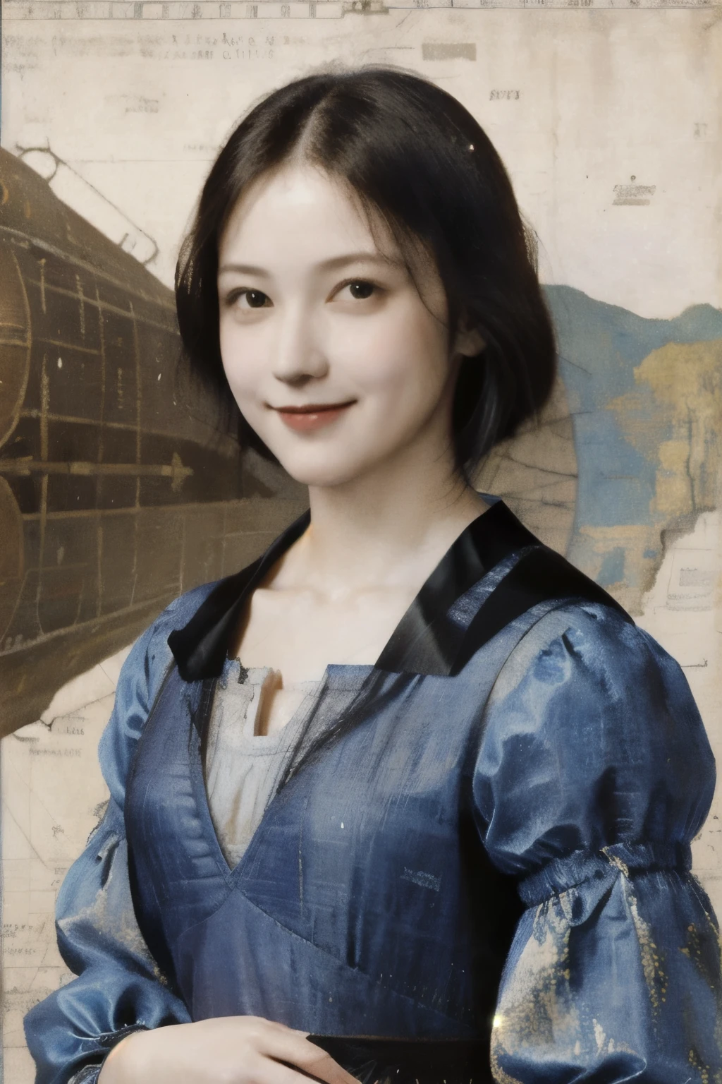 263 20-year-old female,(Short Hair 46),(chest:1.5),Old-fashioned smile,(Paintings by Leonardo da Vinci),(airship,Blueprint)