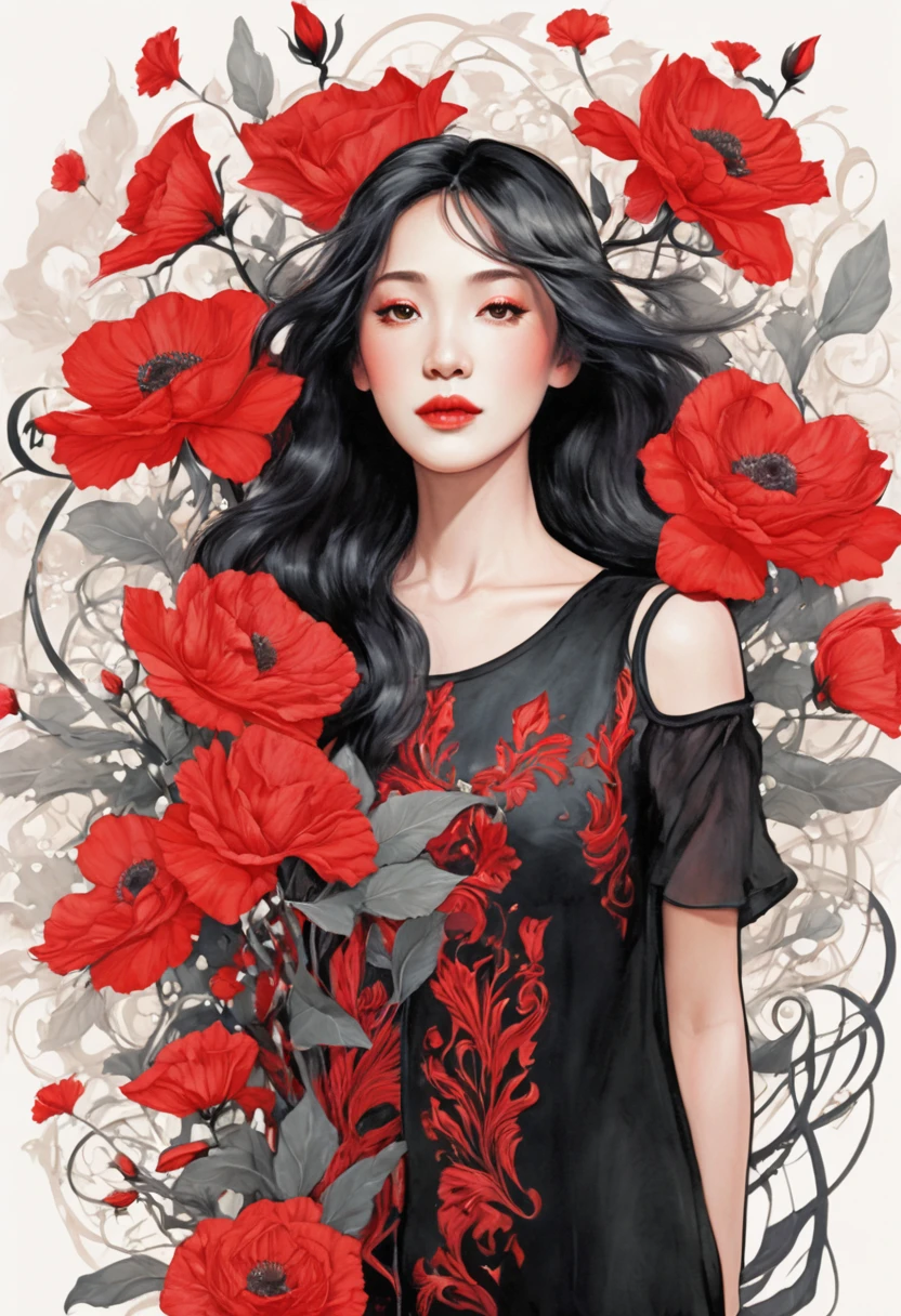 (masterpiece, best quality:1.2), 1 girl, alone,beautiful face，Red Reminimalist Art Nouveau，illustration style，black and red，flowers