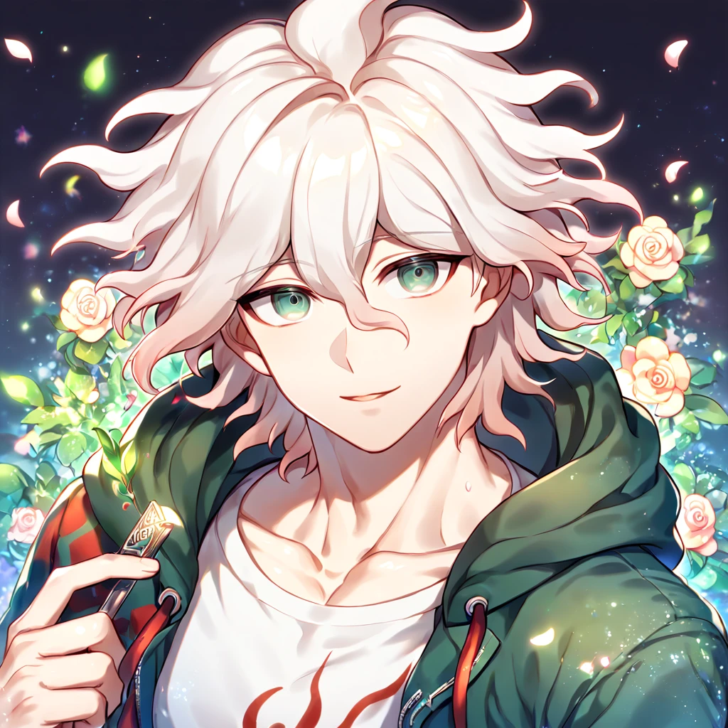 Ultra detailed, HDR, Highres, absurdres, master piece, Komaeda Nagito, white hair, expressive light gray-green eyes, green coat with hoodie, white shirt, Danganronpa, sexy man, handsome, flowers, petals, fantasy, magical, green leaves, summer, handsome, sensual, best quality, glittering, solo, manly man, water