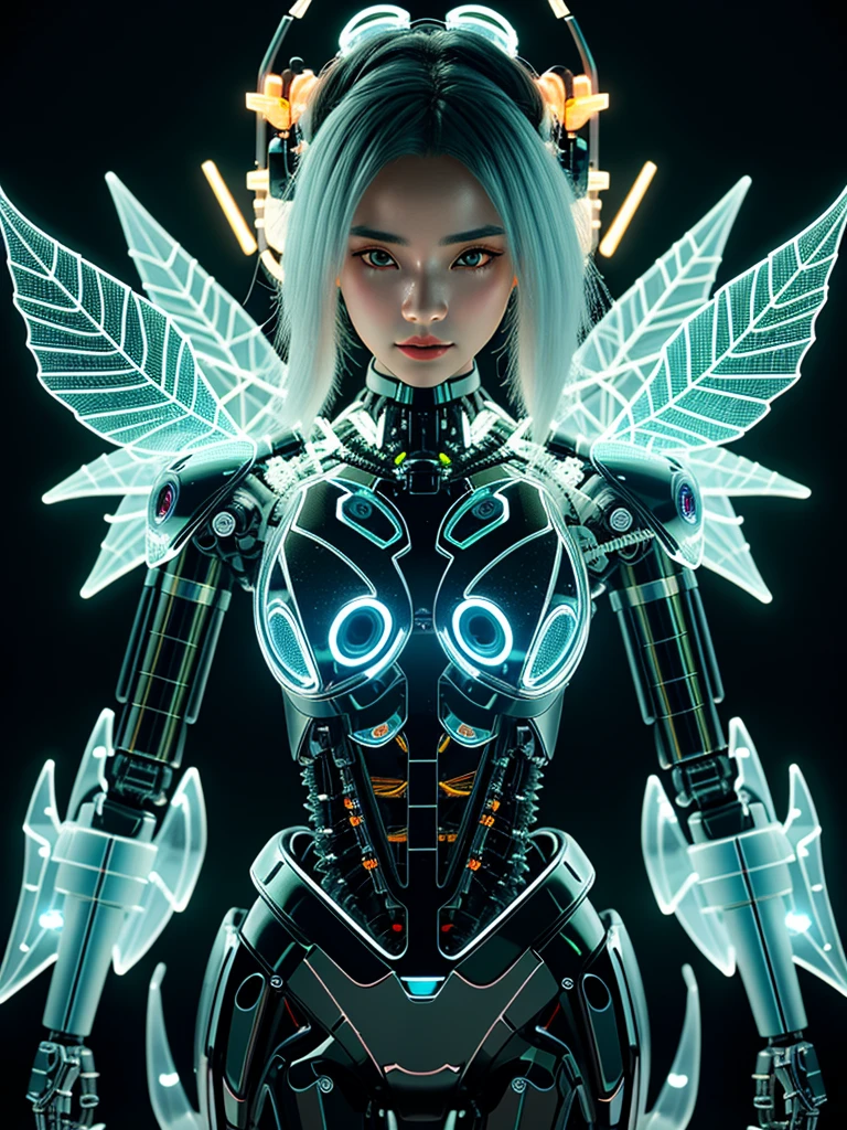 Noser Robot, complex 3d render very detailed of a beautiful death angel, Biomechanical glass-skinned cyborg, analog, 150 mm lens, Beautiful bioluminescence, large leaves and stems, root, high quality leaf lace, colorful details, samurai, Boris Bidjan Saberi&#39;s outfit, pearl earrings, drill, Salvador Dali embroidery fashion, complicated details, wire mesh, Fractal Mandelbrot, Anatomy, facial muscles, wire, Microchip, You bastard!, Too realistic, very detailed, Octane rendering,  Volumetric light, Post production 8K, Red, white and a little black, detailled metalic bones, semi human, rainbow colors, Neon Cloud. Salvador Dali style, White room, power of god, Take photos from a high angle, complex body postures