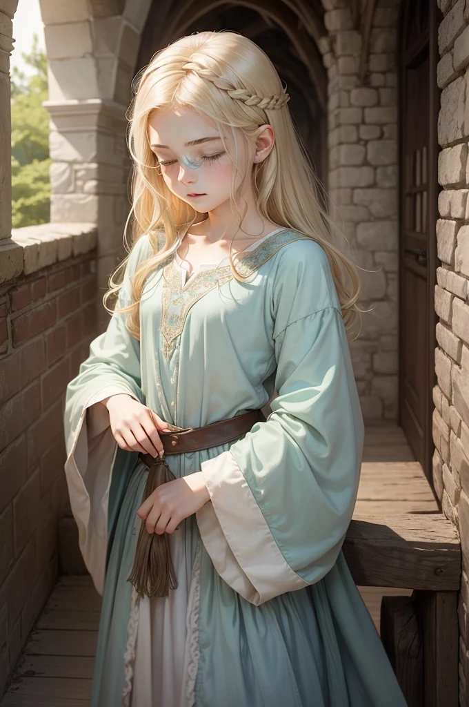 medieval fantasy, delicate and slight young diviner, short, 16 years old, boyish charm, youthful appearance, ethereal grace, pale skin, large expressive green eyes, look of vulnerability and curiosity, sandy blonde hair, hair over eye, shy, nervous, timid, simple yet elegant wizard robes of muted colors, favoring soft blues and greens