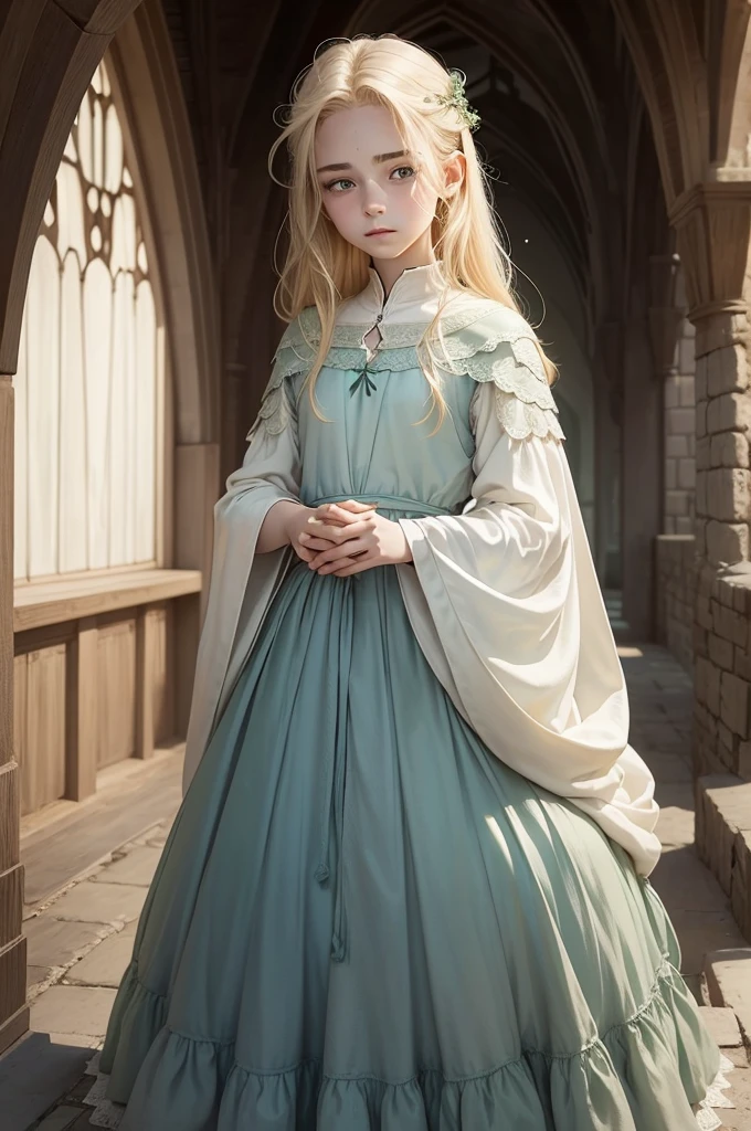 medieval fantasy, delicate and slight young diviner, short, 16 years old, boyish charm, youthful appearance, ethereal grace, pale skin, large expressive green eyes, look of vulnerability and curiosity, sandy blonde hair, hair over eye, shy, nervous, timid, simple yet elegant wizard robes of muted colors, favoring soft blues and greens