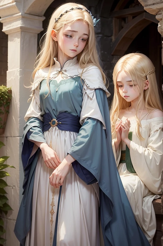 medieval fantasy, delicate and slight young diviner, short, 16 years old, boyish charm, youthful appearance, ethereal grace, pale skin, large expressive green eyes, look of vulnerability and curiosity, sandy blonde hair, hair over eye, shy, nervous, timid, simple yet elegant wizard robes of muted colors, favoring soft blues and greens