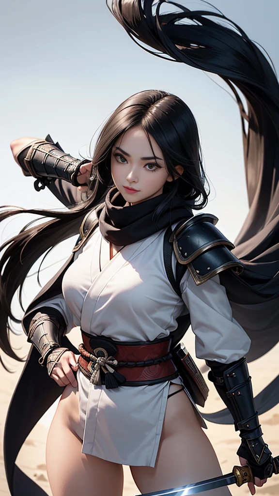 master piece,　best quality,　ultra detailed,　photorealistic,　voluptuous,　1 young girl,　fair skin,　pale skin,　long hair,　black hair,　smile,　mega breasts,　gorgeous bluck kimono,　cowboy shot,　looking up,　white background,　(Japanese SAMURAI Armor：1.2),　(Black armor:1.2)、No exposed skin、(Wearing a long white scarf:1.2)、grasping katana sword, Samurai, fighting stance 、Thick eyebrows、Slit eyes, long bloodstained sword,  disheveled long black hair、A proud, black-haired beauty standing on the battlefield beloved by the God of War.