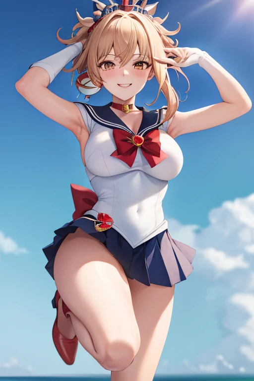 masterpiece, high definition, best quality, rendered art, well formed hands, fingers and body, 1 woman, solo, Yoimiya , adult, grown up, wearing Sailor Moon's outfit, big breasted, cleavage, full body, sexy sailor senshi uniform, short blue skirt, red boots, gorgeous hips, legs and thighs, blond, white elbow gloves, sailor collar, tiara, earrings, dancing seductively and erotically, shaking her body alluringly,  lifted skirt, smiling joyfully and brightly, looking at the viewer, flirting, beach environment 