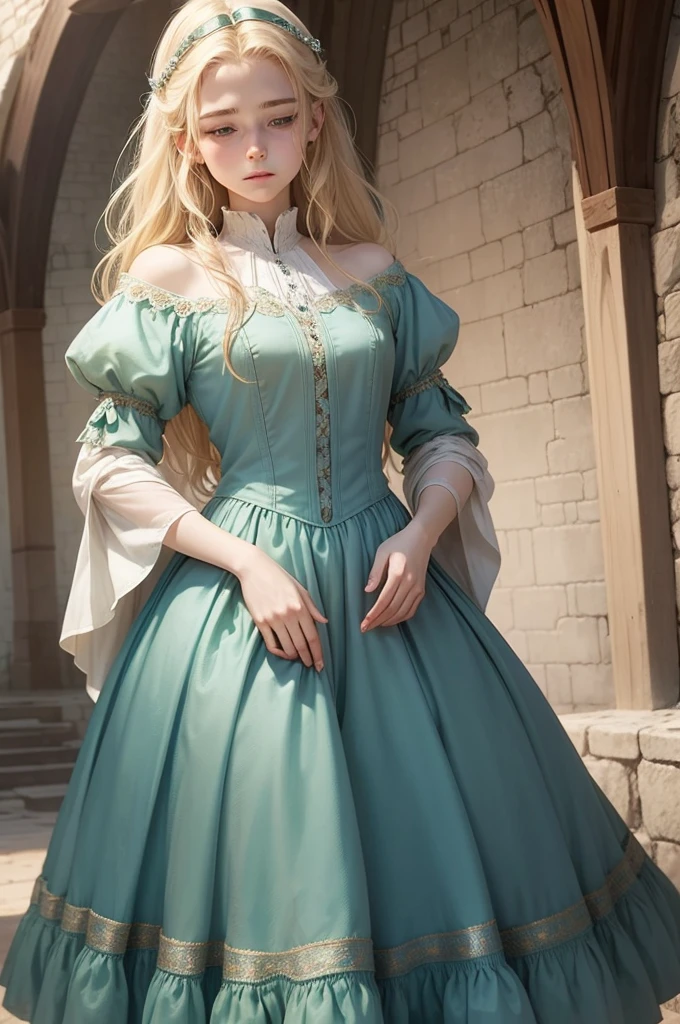 medieval fantasy, delicate and slight young diviner, short, 16 years old, boyish charm, youthful appearance, ethereal grace, pale skin, large expressive green eyes, look of vulnerability and curiosity, sandy blonde hair, hair over eyes, shy, nervous, timid, simple yet elegant wizard clothes of muted colors, favoring soft blues and greens