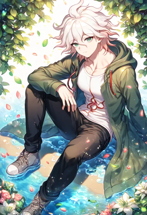 Ultra detailed, HDR, Highres, absurdres, master piece, Komaeda Nagito, white hair, expressive light gray-green eyes, green coat ...