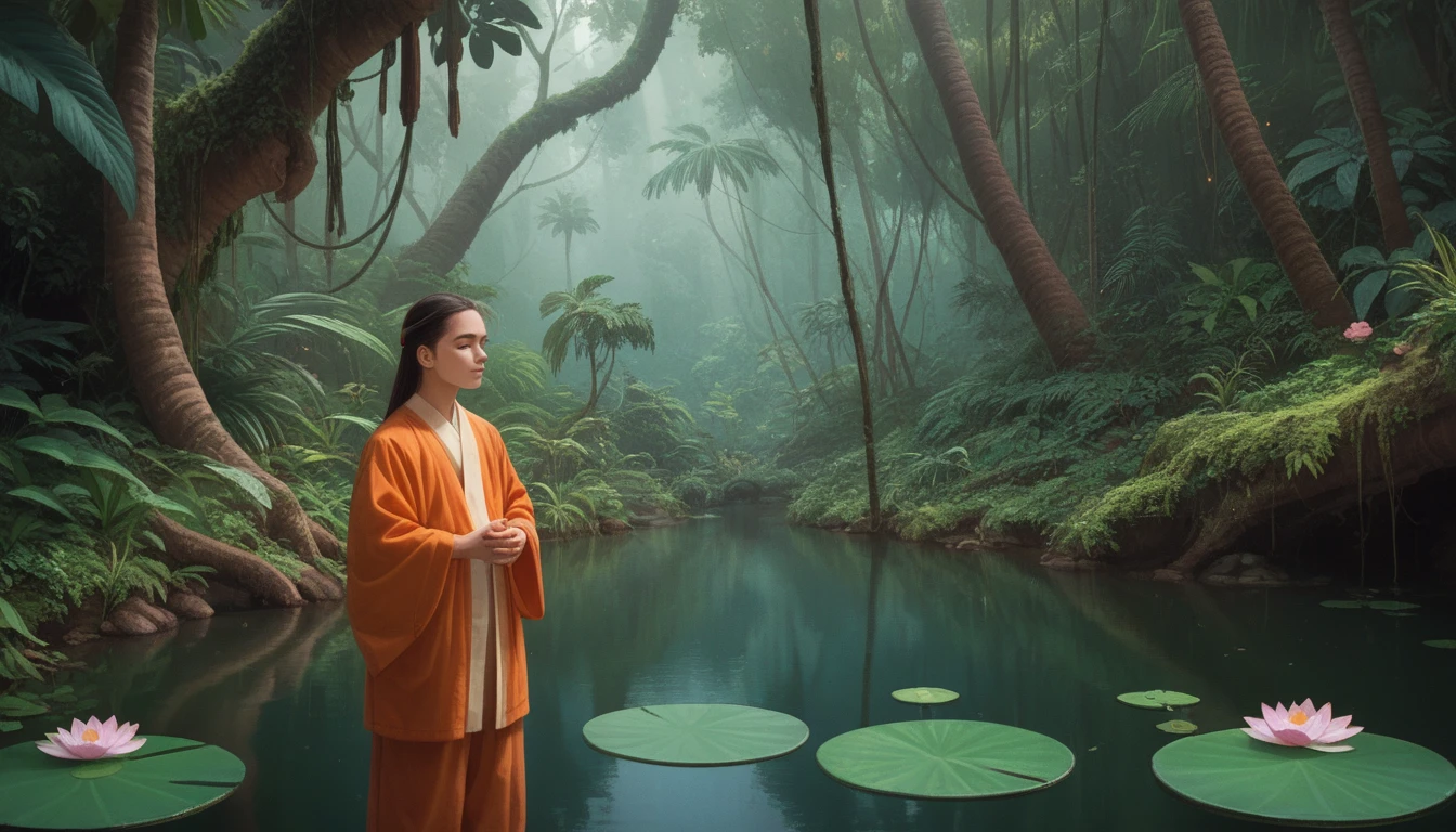 Una amplia muestra de un joven monje con túnica naranja meditando y flotando sobre un estanque con flores de loto.. Lluvias tropicales, exuberante selva florida en el fondo. Un rayo de sol cae entre las copas de los árboles e ilumina su rostro..