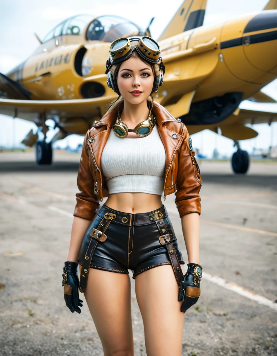 score_9, score_8_top, score_7_top, score_6_top, score_5_top, score_4_top, A stunning steampunk world、Steampunk Female Fighter Pilot、Fancy crop top、Flight jacket、Leather shorts、Helmet、goggles、Wear gloves、Standing in front of a fighter jet maintenance factory with a propeller fighter jet in the background、steampunknoireai