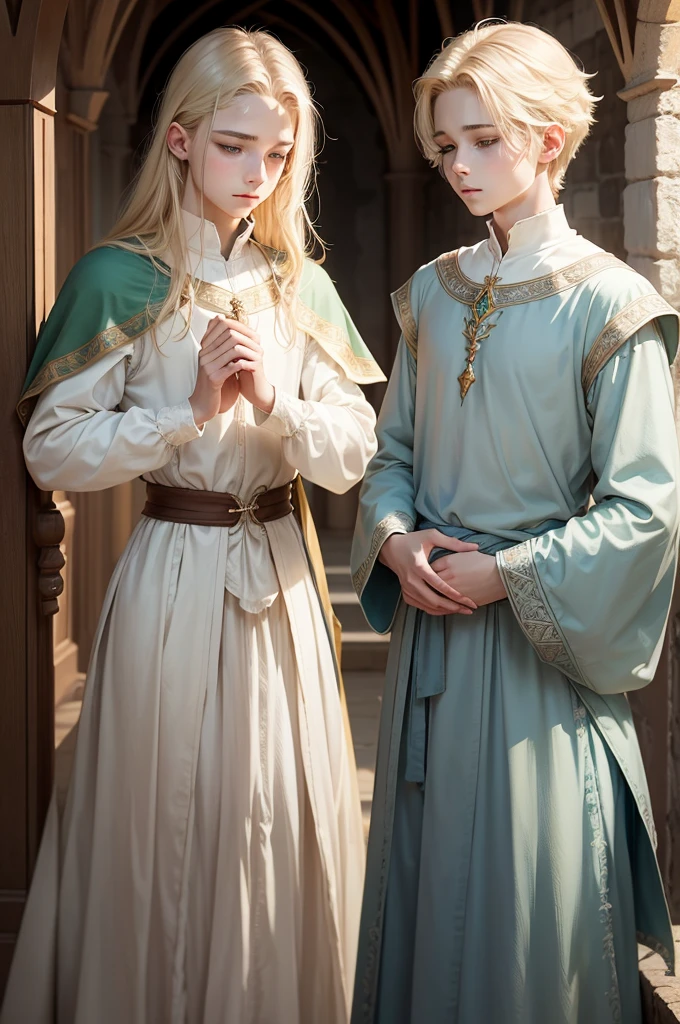 medieval fantasy, delicate and slight young male diviner, short, 16 years old, boyish charm, youthful appearance, ethereal grace, pale skin, large expressive green eyes, look of vulnerability and curiosity, sandy blonde hair, hair over eyes, shy, nervous, timid, simple yet elegant wizard clothes of muted colors, favoring soft blues and greens