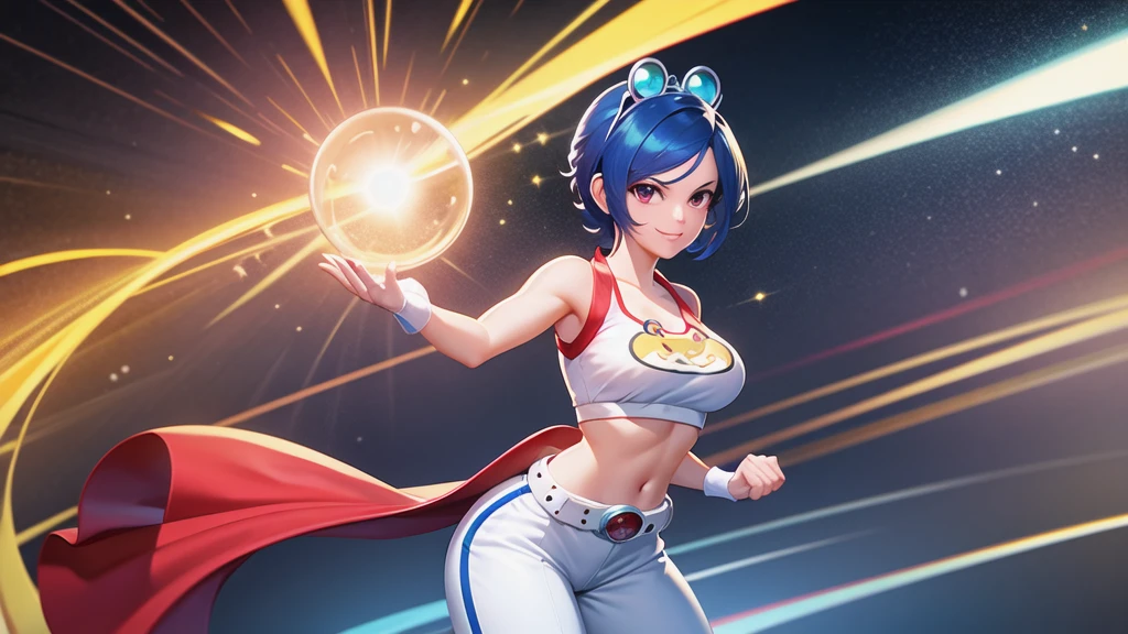 (at night), in a video game scene a background of a beautiful city during the day raining, standing at attention, semi-short blue hair, blouse with an anime frog face, white flared pants, wears blue exercise gloves, has round goggles on her head, WEARS a RED scarf around her neck, huge belt with a round shawl, ((blue hair)), 1 girl, alone, 20 years old, young woman, perfect hands, beautiful fingers, beautiful long legs, beautiful body , beautiful nose, beautiful character design, perfect face, looking at the viewer with serious gesture (focusing on his face), closed mouth, Light_Smile, official art, extremely detailed CG unity 8k wallpaper, perfect lighting, bright and colorful front lighting , shiny skin (masterpiece: 1.0), (best_quality: 1.0), ultra-high resolution, 4K, ultra-detailed photography, 8K, HDR, high resolution, nonsense:1.2, Kodak portra 400, film grain, blurred background, bokeh: 1.2, lens flare, (vibrant_color:1.2), professional photography, (beautiful_face: 1.5), (narrow waist),
