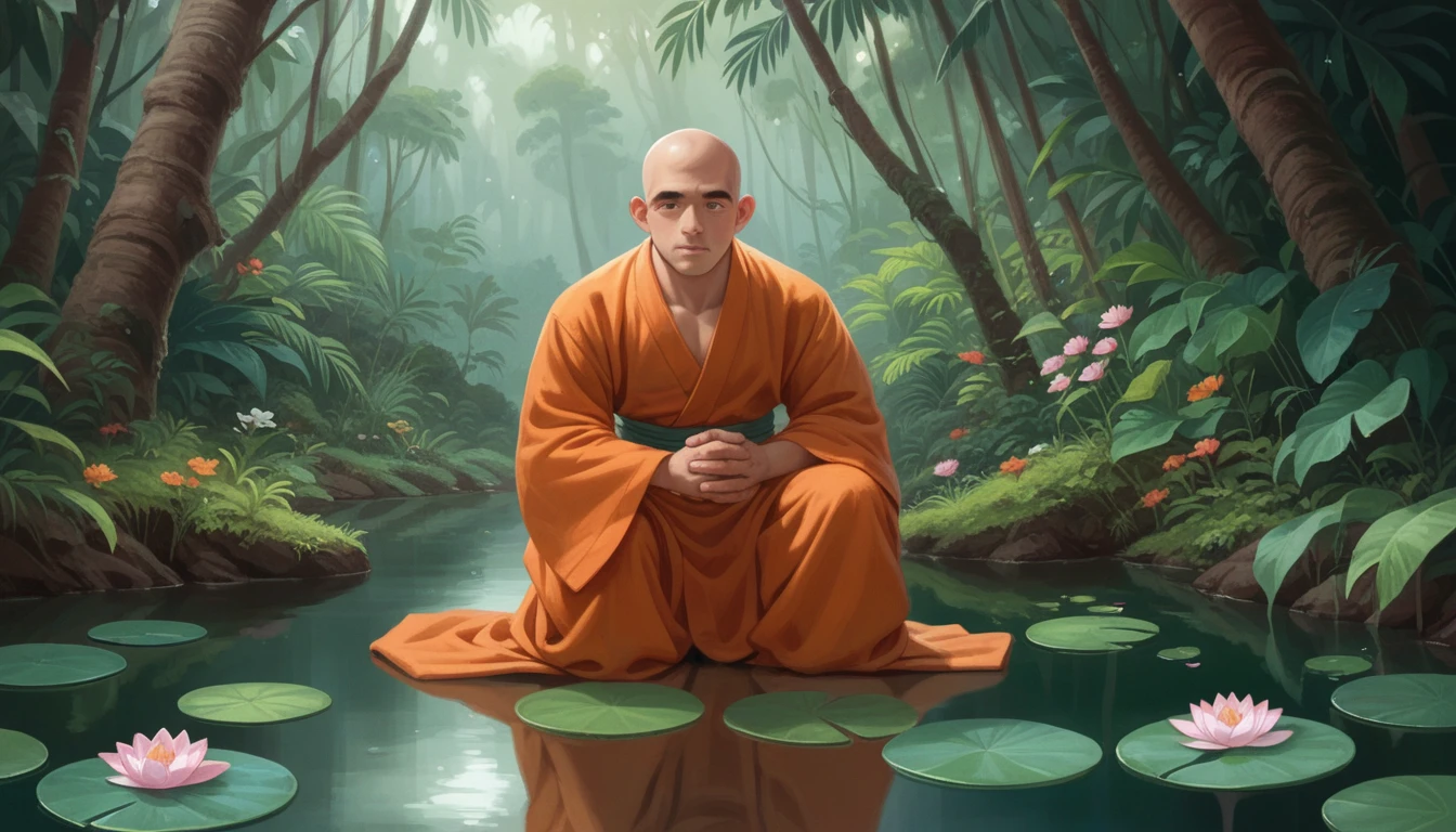 A wide shot of a young bald monk boy in orange robe in a meditating pose above a pond with lotus flowers. Tropical rainfall, lush flowery jungle in the background. A sunbeam falls through the trees' crowns and lights up his face.