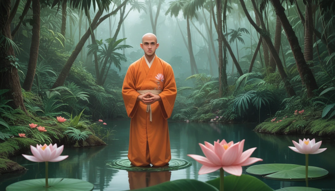 Eine weite Aufnahme eines jungen, kahlköpfigen Mönchsjungen in orangefarbener Robe in Meditationshaltung über einem Teich mit Lotusblumen. Tropischer Regenfall, üppiger, blühender Dschungel im Hintergrund. Ein Sonnenstrahl fällt durch die Baumkronen und beleuchtet sein Gesicht.